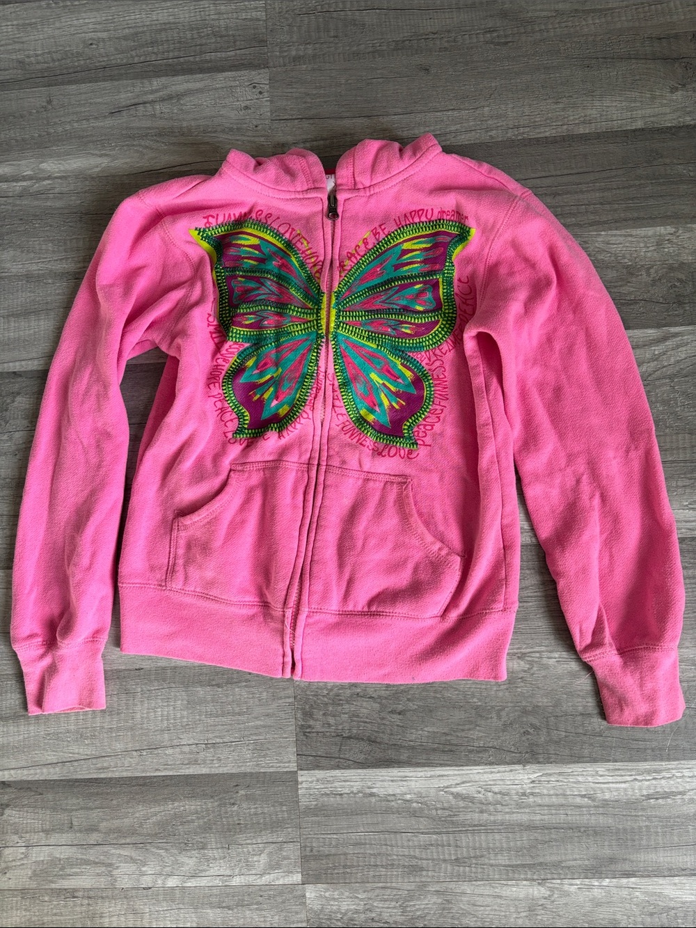 Girls Pink Zip-Up Hoodie with Colorful Butterfly Design